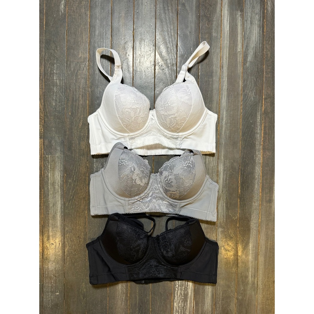 Set of 3 Lace Push Up Longline Bras White Grey Black Floral Padded Underwire